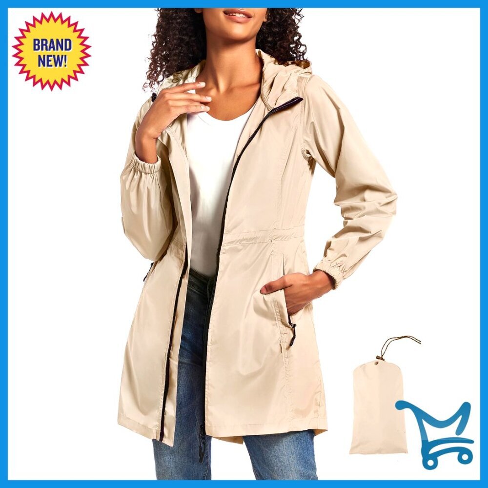 Lightweight Packable Rain Jacket with Hood Waterproof Windbreaker Women's Long